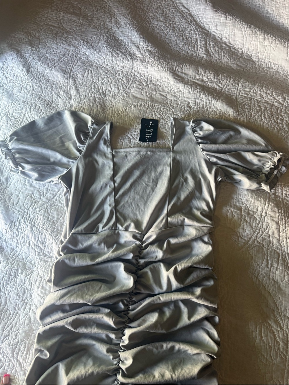 Silver Ruched V-Neck Mini Dress - Picture 3 of 5